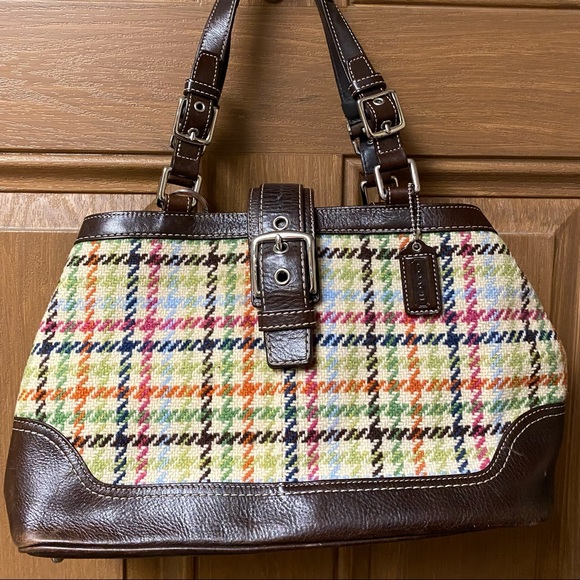 Coach Handbags - COACH Hampton Tattersall Houndstooth Woven Wool Leather Shoulder Handbag F12632